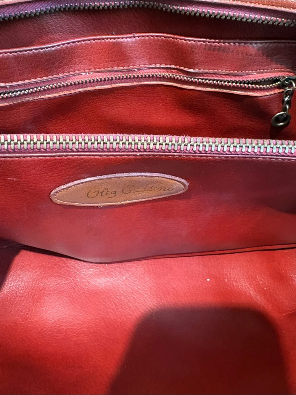 Oleg Cassini Vintage Logo Brown Two Tone Leather Satchel Handbag